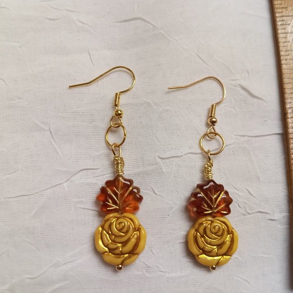 Steel Handmade Hand Crafted Leaf & Rose Beaded Dangle Earrings #55 - Picture 7 of 14